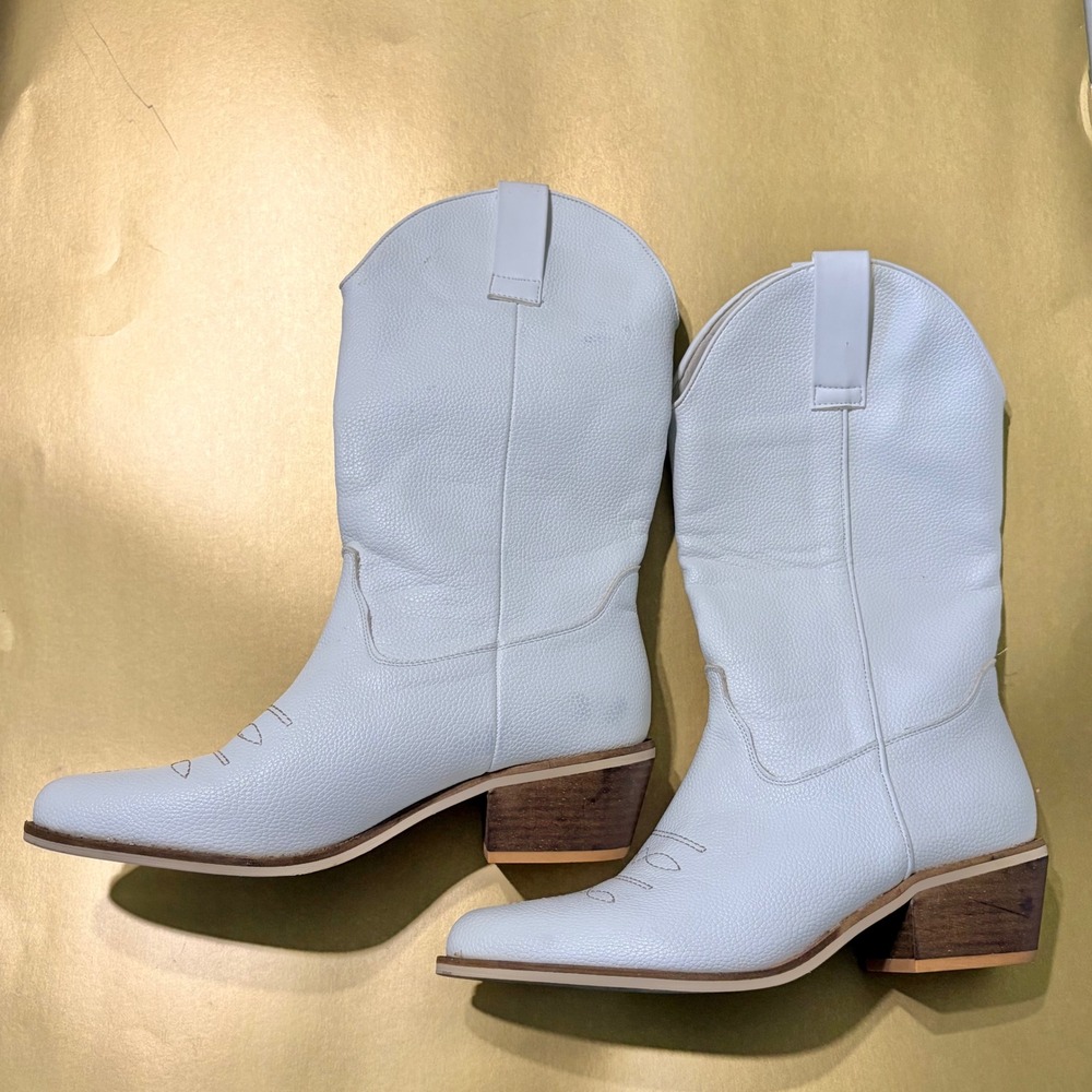 White Pebbled Western Cowboy Boots Pointed Toe Stacked Heel Womens 6.5 37